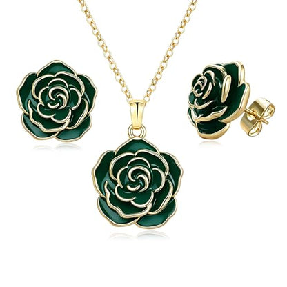 Enamel Rose Necklace and Earrings Jewelry Set for Women | 14K Gold Plated,Rose Represent: Love Gratitude Prid,Adjustable Chain Fit,Elegant Sets for Daily and Party Wear,Gift Box - color: Green