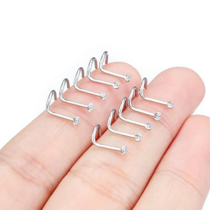 Hoeudjo Nose Studs Surgical Steel Cubic Zirconia Nose Rings Kit for Women Men Tiny Nose Stud Bone & Screw & L Shaped Nostril Piercing Jewelry 24/22/20/18 Gauge 10 Pieces - color: silver-tone,screw nose studs, size: 20g/1.5mm clear CZ