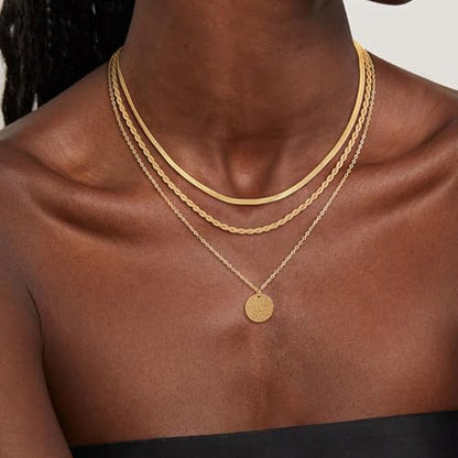 CHESKY Gold Layered Necklaces Set, 14K Gold Plated Paperclip Chain Stack | 3 Pcs Dainty Layering Necklaces, Gold CZ Pendant Necklace Trendy Jewelry Gift for Women Daily Wear - style: bar-gold