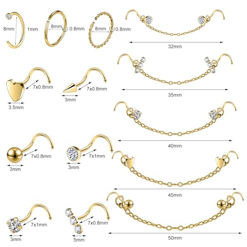 20G Nose Rings Studs with Chain Piercing Across Double Nose Stud Nose Hoop Spike Heart Ball CZ Surgical Steel Nostril Piercing Jewelry for Women Men, Black Silver Gold - color: GD-S