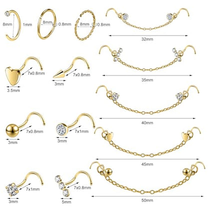 20G Nose Rings Studs with Chain Piercing Across Double Nose Stud Nose Hoop Spike Heart Ball CZ Surgical Steel Nostril Piercing Jewelry for Women Men, Black Silver Gold - color: GD-S