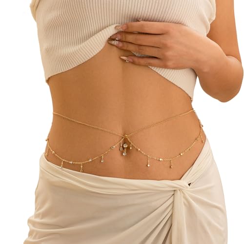 Summer Beach Multi-layer Crystal Belly Buttom Ring with Waist Chain Bikini Rhinestone Navel Piercing Dangle Belly Button Rings Waist Chain Sexy Belly Body Chain Jewelry for Women - style: Gold