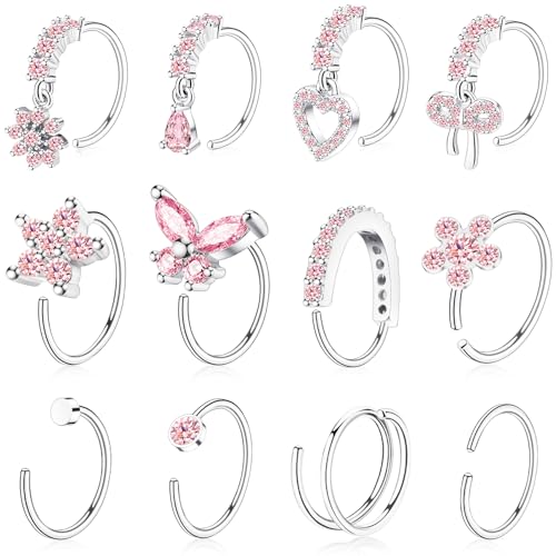 BSJ4U Hoop Nose Rings for Women Nose Piercings 20G Stainless Steel Nose Rings Hoops Heart Butterfly Flower Bow Teardrop Double Nose Hoops Gold Plated Silver Pink Clear CZ Nose Piercing Jewelry - color: Silver Pink Nose Rings