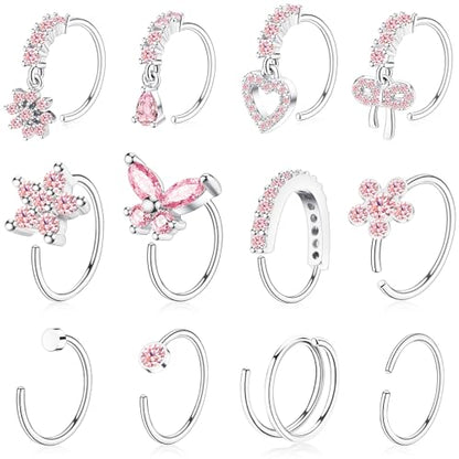 BSJ4U Hoop Nose Rings for Women Nose Piercings 20G Stainless Steel Nose Rings Hoops Heart Butterfly Flower Bow Teardrop Double Nose Hoops Gold Plated Silver Pink Clear CZ Nose Piercing Jewelry - color: Silver Pink Nose Rings