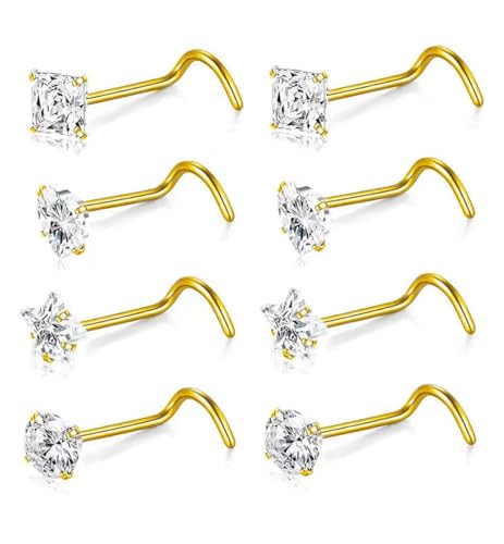 SEEDRILL 8Pcs 20G Nose Rings studs for Woman Hypoallergenic Nose Studs 316L Surgical Steel with Gold Plated Nose Piercings Jewelry 3mm CZ L Shape Nose Rings 20 Gauge Nose Stud Nose Screw Studs - style: 8Pcs/18G/3mm CZ/Screw Shape/Gold-Plated