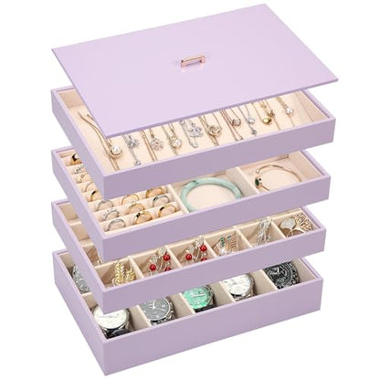 Voova Stackable Jewelry Organizer Tray with Lid (Set of 4, Lavender) | Stackable PU leather jewelry trays with drawer inserts for earrings, rings, necklaces, bracelets and watches; set of 4 - color: Lavender