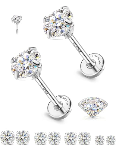 GEMQUEEN 8 PCS Moissanite ＆ Implant Grade G23 Titanium Nose Studs Flat Back Earrings Hypoallergenic : 14K Gold Plated Nose Rings 20G Push in Threadless Cartilage Helix Piercing Jewelry for Women Men - color: Titanium| 16G(1.2MM)-Bar-6/8MM&Moissanite-2/3/4