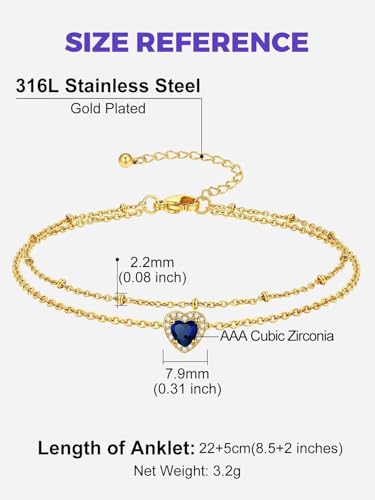 Richsteel Double Layer Heart/Butterfly Birthstone Anklet for Women | Non Tarnish Waterproof, Silver/Gold/Black Stainless Steel 8.5-10.5 Inch Adjustable Chain Anklets Summer Beach Foot Jewelry - color: Gold Heart-09 Sep.(Sapphire)