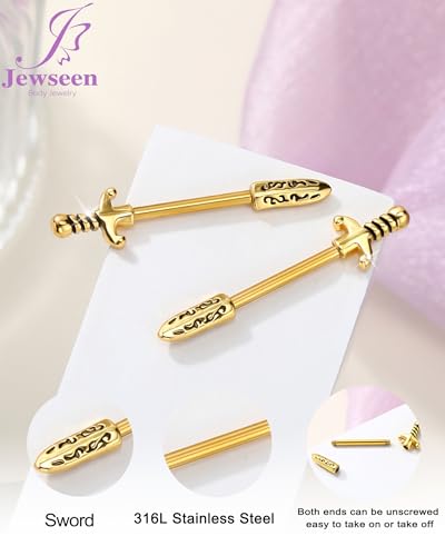 Jewseen 14G Nipple Rings Sword Nipple Piercing Jewelry Surgical Steel Nipple Barbell Straight Bar Body Piercing Jewelry for Women - color: Gold