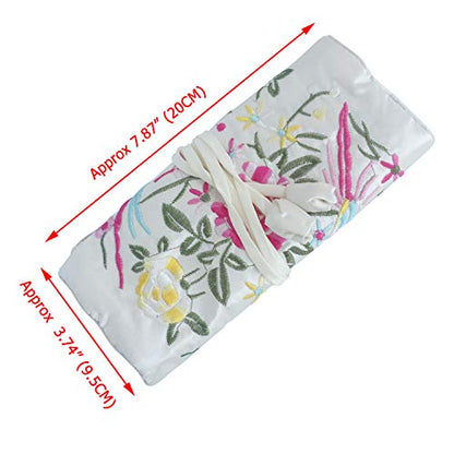 Travel Jewelry Roll Bag - Silk Embroidered Brocade Pouch for Rings, Necklaces, Earrings, Bracelets | Lightweight & Tie Closure (White) - color: White