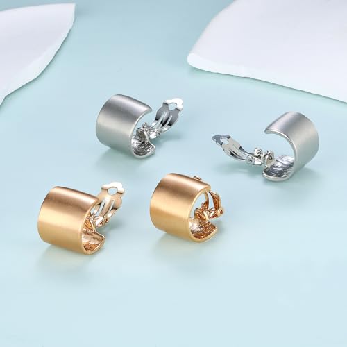 FANZE 2 Pairs Matte Gold Sliver Clip on Earrings for Women No Piercing | No Piercing Button Earring Comfortable Fashion Jewelry Gift - color: Set-1