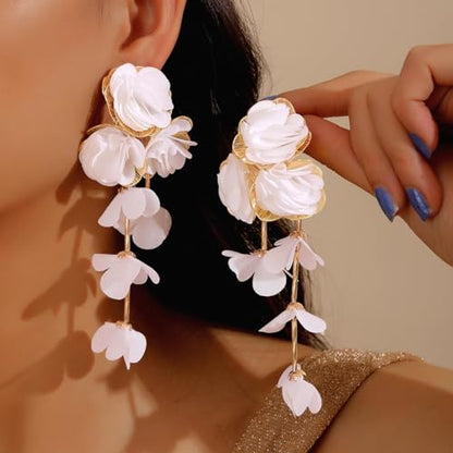 Fabric Flower Earrings for Women Colorful Long Tassel Floral Drop Earrings Fashion Boho Exaggerated Statement Beach Party Jewelry - color: white