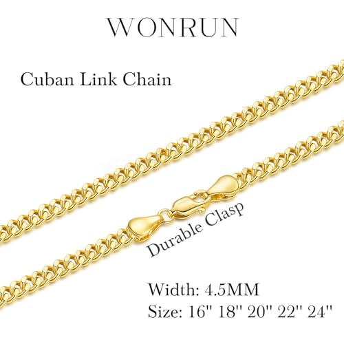 14K Gold Necklaces for Women Men 4.5mm Cuban Gold Chain Necklace | 14K Gold Cuban Link Chain for Men Chunky Gold Necklace for Women Non Tarnish Strong yet Refined Golden Charm Necklace 16-24in - size: 18in