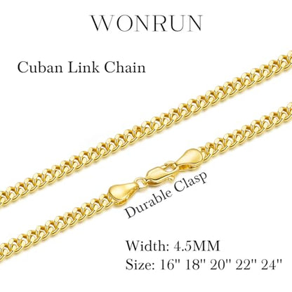 14K Gold Necklaces for Women Men 4.5mm Cuban Gold Chain Necklace | 14K Gold Cuban Link Chain for Men Chunky Gold Necklace for Women Non Tarnish Strong yet Refined Golden Charm Necklace 16-24in - size: 18in