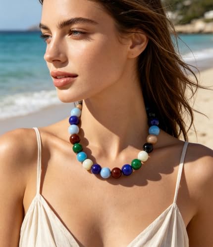 Chunky Beaded Necklace for Women 16mm Round Bead Resin Modern Statement Necklace Jewelry Accessories - color: colorful 03