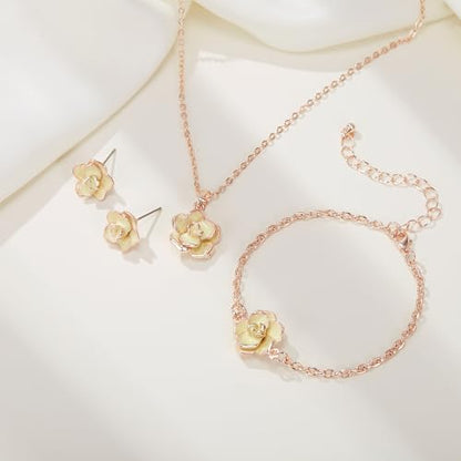 EleQueen Rose Flower Necklace Earrings Bracelet Set for Women - color: Light Yellow-Rose Gold