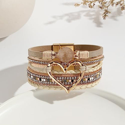 Fuqimanman2020 Heart Leather Wrap Bracelets Boho Stackable Cuff Bangles Resin Stone Rhinestone Bracelets with Clasp Christmas Jewelry Gift for Women - color: Beige