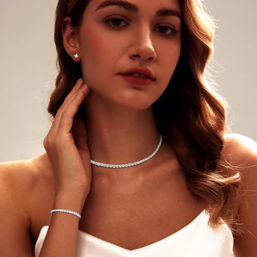Luxval Tennis Necklace Set for Women Tennis Bracelets Diamond Earrings Sterling Silver Necklace Wedding Jewelry for Bride Silver Jewelry Sets for Women Gift - color: Silver-flower tennis set