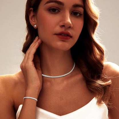 Luxval Tennis Necklace Set for Women Tennis Bracelets Diamond Earrings Sterling Silver Necklace Wedding Jewelry for Bride Silver Jewelry Sets for Women Gift - color: Silver-flower tennis set