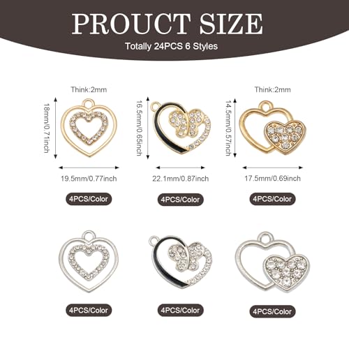 Elecrelive Crystal Heart Charms Rhinestone Heart Pendants Valentine Charms for Necklace Bracelet Earring Wedding Jewelry - color: Gold Silver, 24pcs