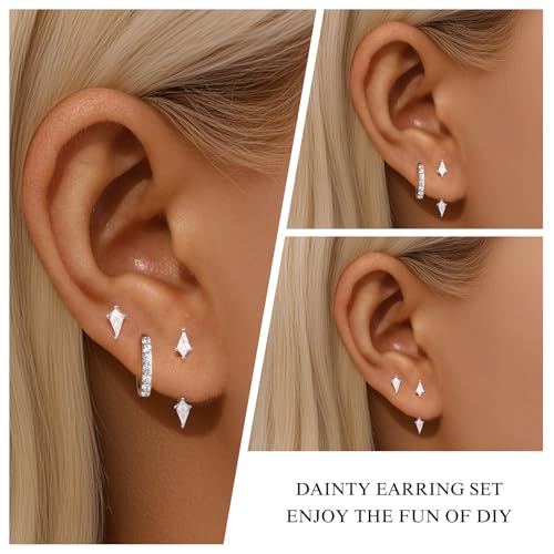 3 Pairs Stackable Kite Stud Earrings Set for Women Trendy | Dainty Birthstone Stud Gold & 925 Sterling Silver Huggie Hoop Jacket Stack Earrings for Women 2026 - color: Silver-Zircon