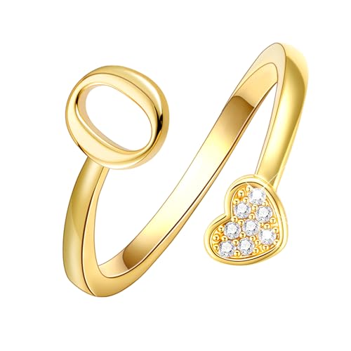 Lunvky Birthday Gifts Silver Initial Rings for Women Teen Girl Kids Trendy Stuff Dainty 14K Gold Plated Adjustable Heart Letter Thumb Rings Pinky Cute Jewelry Personalized Gift - color: Gold, size: Initial-O