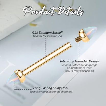 GAGABODY G23 Titanium Pair 14G Nipple Rings Tongue Jewelry Bridge Piercing | Internal Threaded Used in Nipple,Tongue,Bridge 14G Length from 12mm to 18mm Lightweight Daily Wear for Unisex Sensitive Skin - color: Gold+Bullet White Opal, size: 14G+11/16"(18m