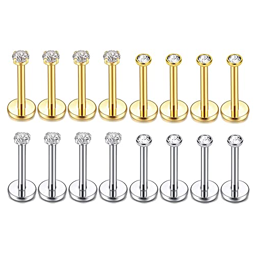 Flat Back Earrings Tragus Lip Nose Ring Studs Body Piercing Jewelry | 316L Stainless Steel 20G 18G Labret Monroe Cartilage Conch Helix - color: 8mm 18G 16Pcs