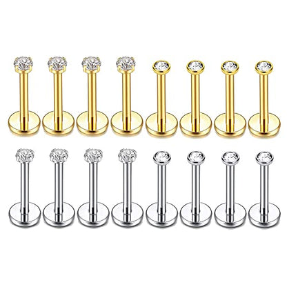 Flat Back Earrings Tragus Lip Nose Ring Studs Body Piercing Jewelry | 316L Stainless Steel 20G 18G Labret Monroe Cartilage Conch Helix - color: 8mm 18G 16Pcs