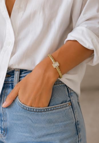 Diva Charm Gold Crystal Bangle Bracelet for Women, Stainless Steel Hinged Cuff Bracelet with Baguette Cubic Zirconia, Elegant Statement Jewellery