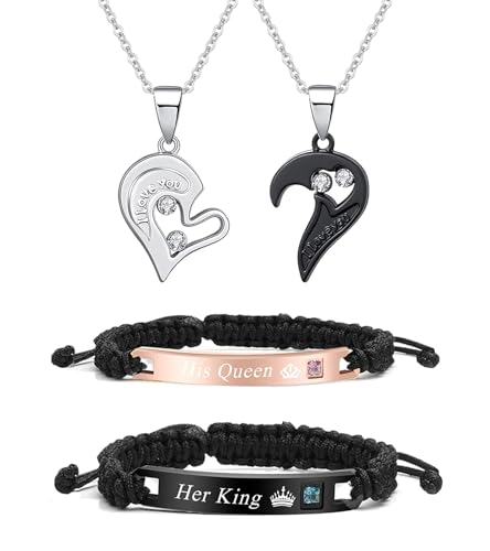 HUASAI 4Pcs Heart Necklaces for Women Couples Necklace Bracelets Matching Set for Couples Jewelry Gifts Pendant Matching Necklace Valentines Day Gifts for Her Girlfriend Valentines Accessories - color: A His Queen&her King