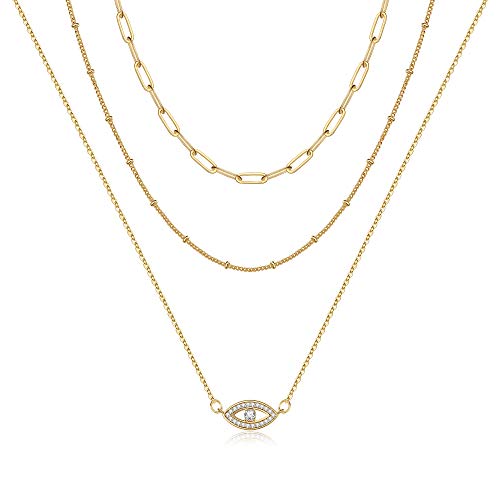 Turandoss Dainty Layered Choker Necklace, Handmade Y Pendant Necklace Multilayer Bar Disc Necklace Adjustable Layering Choker Necklaces for Women - style: 3PCS - Link Chain&Beads Chain&CZ Evil Eye