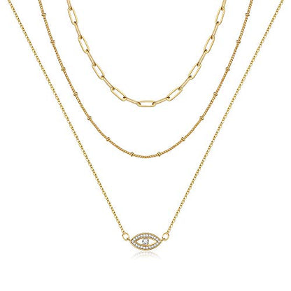 Turandoss Dainty Layered Choker Necklace, Handmade Y Pendant Necklace Multilayer Bar Disc Necklace Adjustable Layering Choker Necklaces for Women - style: 3PCS - Link Chain&Beads Chain&CZ Evil Eye