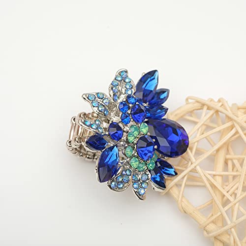 CSY Luxury Froral Cocktail Statement Rings Stretch Adjustable Ring | Gorgeous Women's Austrian Crystal Leaves Flower Big Cocktail Statement Rings Stretch Adjustable Ring Jewelry Accessories - color: 01 royal blue