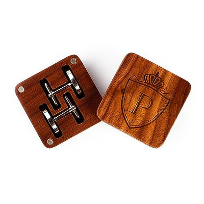 Mens Initial Silver Cufflinks A-Z Alphabet Letter Steel Cuff Links with Engraved Walnut Wood Box Groom Groomsman Wedding Set… - style: P