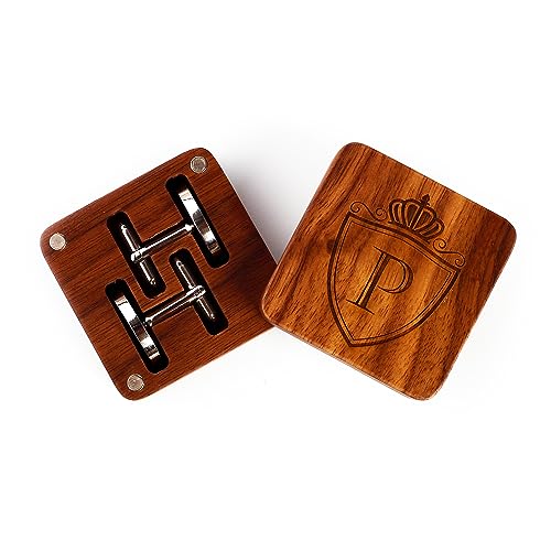 Mens Initial Silver Cufflinks A-Z Alphabet Letter Steel Cuff Links with Engraved Walnut Wood Box Groom Groomsman Wedding Set… - style: P