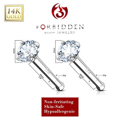 Forbidden Body Jewelry 14k Gold Nose Ring, 20g, Solid 6mm Stud, 2mm CZ Simulated Diamond, Non-Irritating Skin Safe Real Gold, Women and Men - color: 2pcs: 14k White Gold