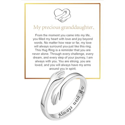 Granddaughter Daughter Hug Ring For Hope Rings, Stainless Steel Inspirational Jewelry Engraved Always With You Love You Forever Message Adjustable Non Tarnish Jewelry Birthday Gift Card - color: Silver