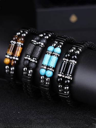 Mens Leather Turquoise/Tiger Eye/Obsidian/Lava Stone Bracelet–Braided Multi‑Layer Wristband Cuff Bangle Barcelet–Jewelry Box and Pouch Packing - color: Obsidian Stone, size: 9in(Fits larger wrists)