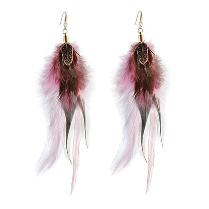 RUOFFETA Long Feather Earrings for Women, Boho Bohemian Earrings Multicolor Tassel Handmade Feather Earrings for Women Dangling - style: Style P