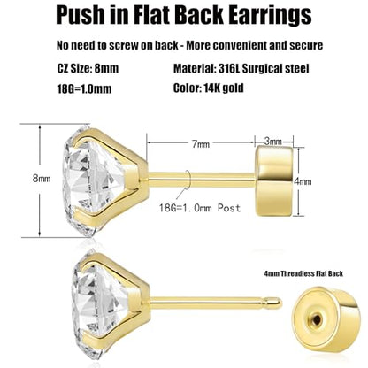 Threadless Flat Back Earrings, Hypoallergenic 14K Real Gold Plated CZ Stud Earrings | Cartilage Earring | Tragus Helix Piercing Jewelry | Push in Flatback Earrings for Women Men - color: 14K Gold, size: 8 Millimeters