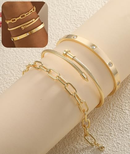 ZOERAY Silver Gold Bangle Bracelets for Women Non Tarnish 14k Gold Plated Stackable Cuff Bracelets for Women Trendy Cubic Zirconia Stainless Steel Chunky Bracelet Stack Set Waterproof Jewelry Gifts - color: E.Paperclip-Gold