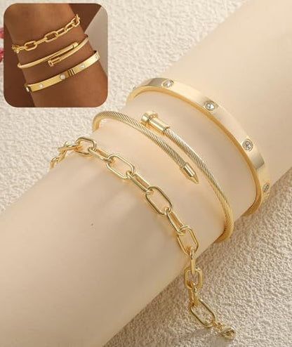 ZOERAY Silver Gold Bangle Bracelets for Women Non Tarnish 14k Gold Plated Stackable Cuff Bracelets for Women Trendy Cubic Zirconia Stainless Steel Chunky Bracelet Stack Set Waterproof Jewelry Gifts - color: E.Paperclip-Gold