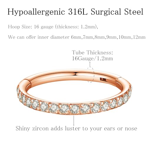 ORANGELOVE 20G 18G 16G Clear CZ Nose Ring Hoop 316L Surgical Steel Seamless Silver Septum Ring Clicker Jewelry Cartilage Earring Ear Piercing Hoop Earrings for Women Men Helix Rook Lobe Conch Tragus Daith Lip Hinged Piercing Jewelry with Cubic Zirconia -