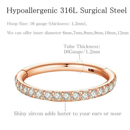 ORANGELOVE 20G 18G 16G Clear CZ Nose Ring Hoop 316L Surgical Steel Seamless Silver Septum Ring Clicker Jewelry Cartilage Earring Ear Piercing Hoop Earrings for Women Men Helix Rook Lobe Conch Tragus Daith Lip Hinged Piercing Jewelry with Cubic Zirconia -