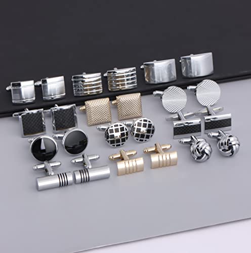 FIRAZIO 12 Pairs Cufflinks for Men Classic Tone Cuff Links Silver Black | Striped Disc Square Rectangle Cuff Links Shirt Suit Men’s Cufflinks For Wedding Groom Business Elegant Gift