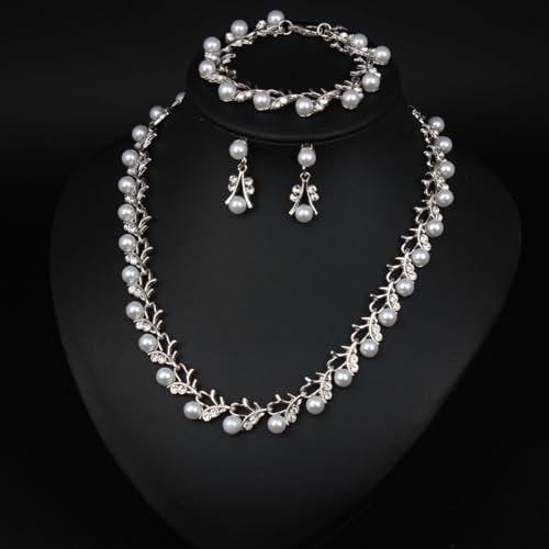 Bridal and Bridesmaid Pearl and Rhinestone Jewelry Set Crystal Necklace, Bracelet And Earrings Collection, Bohemian Adjustable Beaded Crystal for Women - style: Silver vine