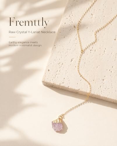 Lariat Necklace for Women Dainty Gold Long Crystal Drop Y-Shaped Necklace | 14k Gold Plated Crystal Drop Necklace Trendy Non Tarnish Simple Gold Jewelry For Wedding, Prom, Daily - color: Rose Quartz
