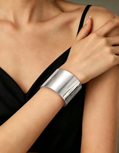 2Pcs Cuff Bangle Bracelet for Women Open Wide Bangle Bracelet Set | minimalist statement bangle bracelets，wrist cuff wrap bracelet adjustable，open wide wire grooved hammered bracelet set - color: 2PCS-Sliver-B