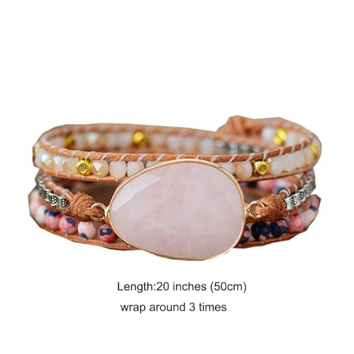 Handmade Boho Wrap Bracelets Natural Turquoise Crystal Stone Variety Beaded Strand Bracelet - color: Pink Agate